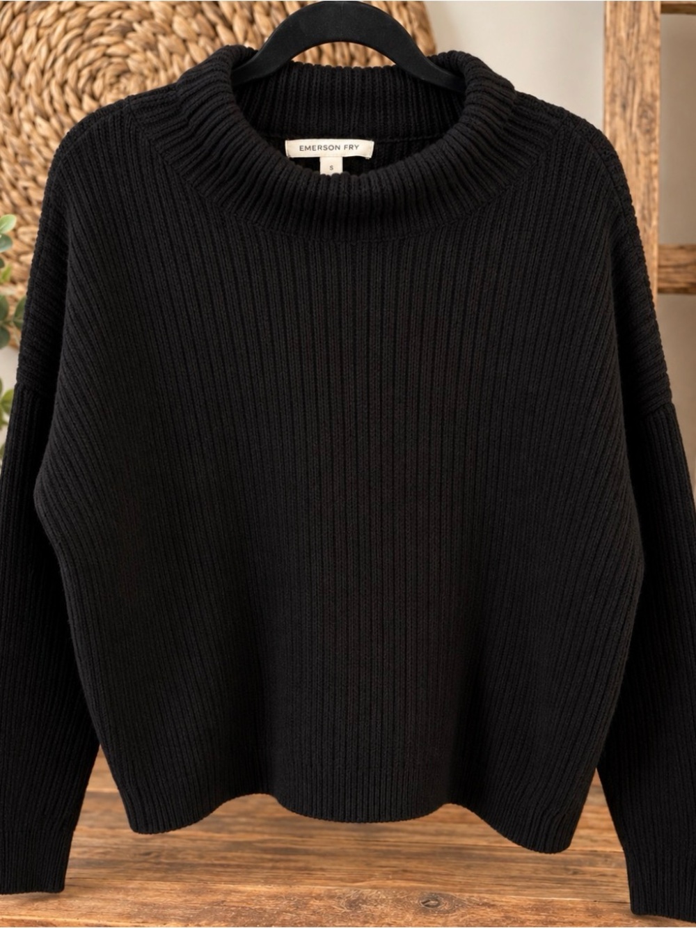 Emerson Fry Black 100% Organic Cotton Italian Yarn Boxy Sweater Size S Made USA